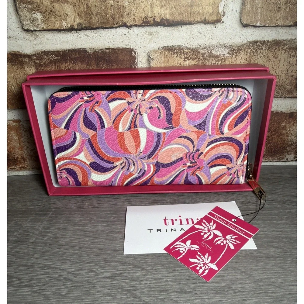 NEW Trina Turk Pink Purple Swirl Print Continental Wallet Gift Box Vegan Leather